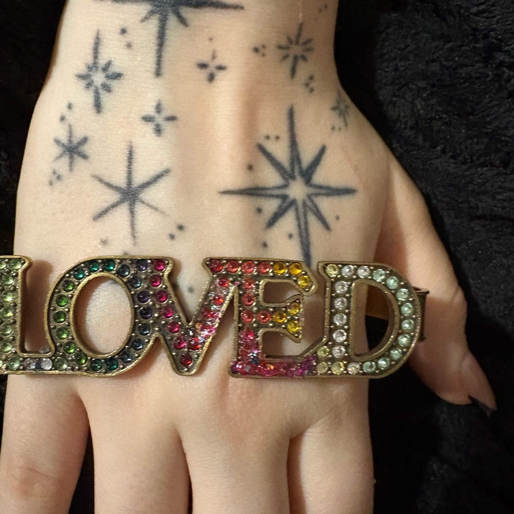 Gucci Gold Multicolor Crystal 'LOVED' Bracelet Cuff signed authentic. Listing B - Picture 5 of 9